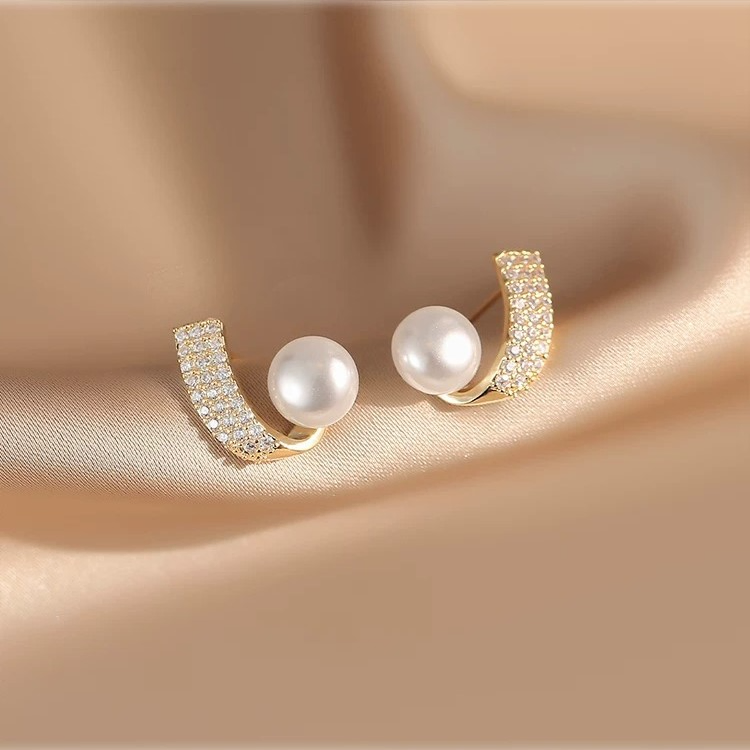 Geometric Cubic Zirconia & Pearl Inlay Stud Earrings