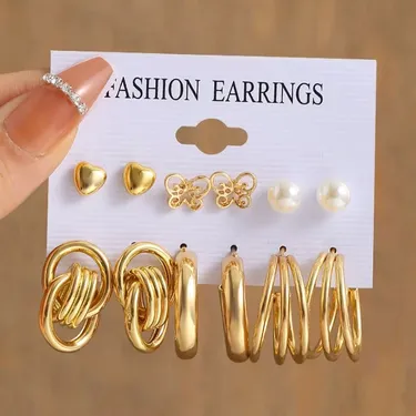 Metal Flower Design Stud Earrings Set  ( 6 Pair )