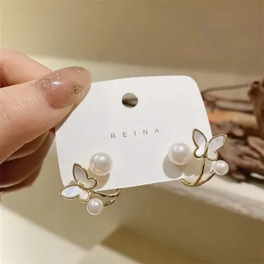 Butterfly White  Pearl Stud Earrings