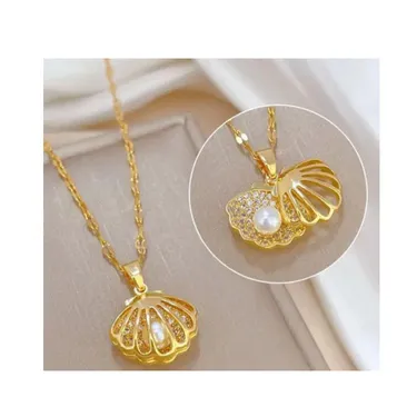 Stainless Steel Crystal Shells Pearls Necklace   