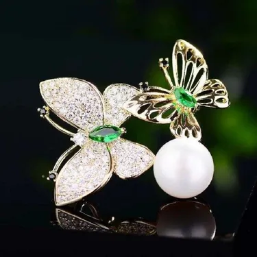  Green Rhinestone Pearl Double Butterfly Brooch Pin