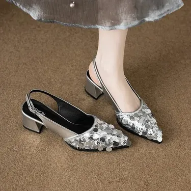 HIGH END SEQUINED POINTED TOE STYLISH SILVER HIGH HEELED SANDALS FOR WOMEN