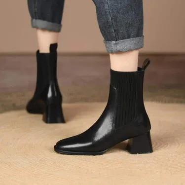 SQUARE TOE RETRO FRENCH CHUNKY HEEL ANKLE BOOTS