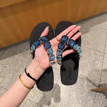 RHINESTONE BLUE PLATFORM FLIP FLOPS WOMEN’S SUMMER NEW STYLE