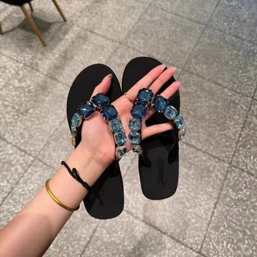 RHINESTONE BLUE PLATFORM FLIP FLOPS WOMEN’S SUMMER NEW STYLE