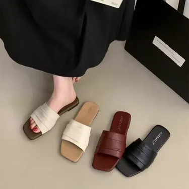 KOREAN STYLE SMALL SANDALS, PLEATED SOFT LEATHER SLIPPERS