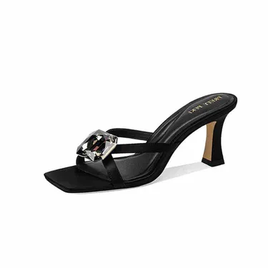 FASHION SQUARE HEAD RHINESTONE THICK HEEL SLIPPERS FOR WOMEN