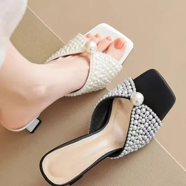 NEW STYLE FASHIONABLE AND VERSATILE PEARL GENUINE LEATHER TEMPERAMENT MEDIUM HEEL