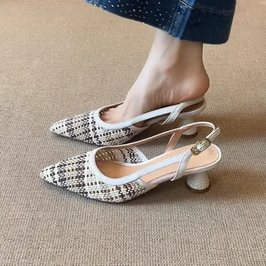 FRENCH BRAIDED COLOR BLOCKED POINTED TOE HIGH HEELED SANDALS FOR WOMEN