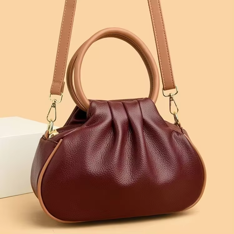 Soft Wrinkle Leather Circular Handle Bag
