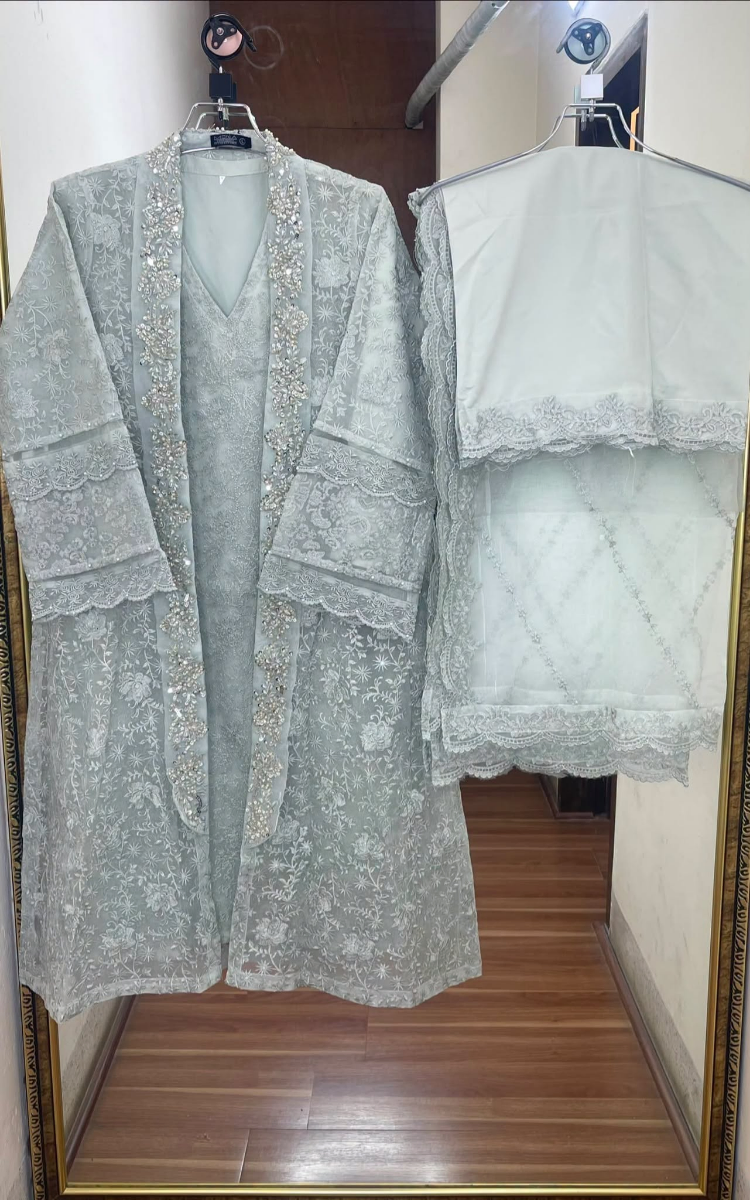 Pakistani Original Mona Embroidery Organza Stitched Gown 4Pcs _ Ash Gray 
