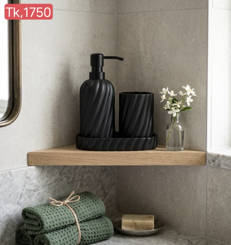  3-Piece Twisted Ribbed Ceramic Bathroom Set – Grey, Matte Black Pump, Tray Included