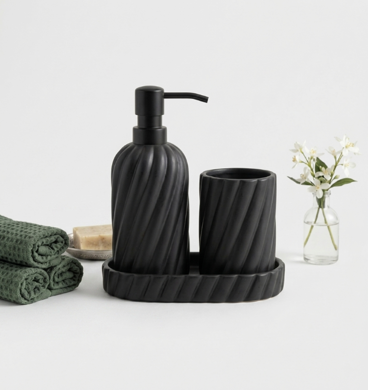  3-Piece Twisted Ribbed Ceramic Bathroom Set – Grey, Matte Black Pump, Tray Included