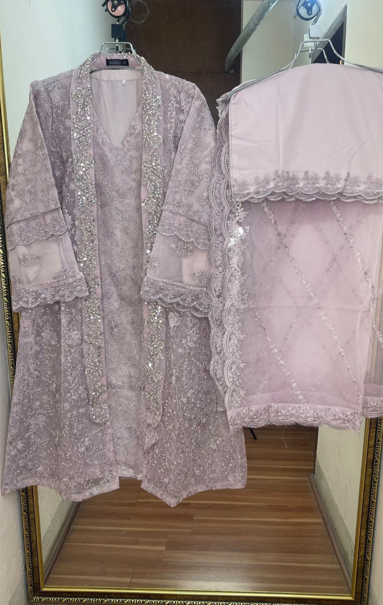 Pakistani Original Mona Embroidery Organza Stitched Gown 4Pcs _ Lavender