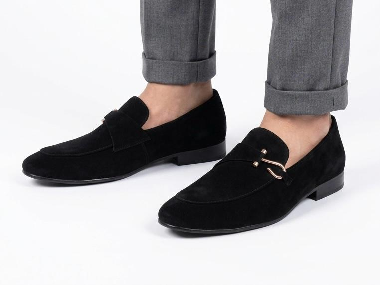 Black Suede Loafers — Gold Bit Leather Design