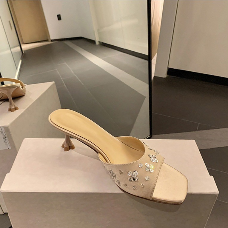 RHINESTONE SATIN KITTEN HEEL SANDALS 