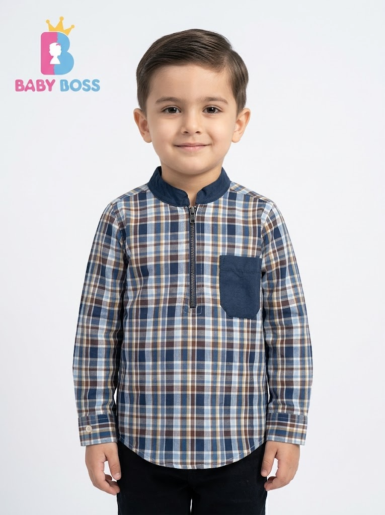 Boys' Contrast Band Collar Checkered Half-Zip Shirt