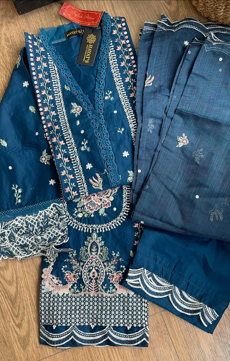 Original Pakistani Hayat’s Luxury Cotton Stitched 3Pcs _ Deep Sea Blue