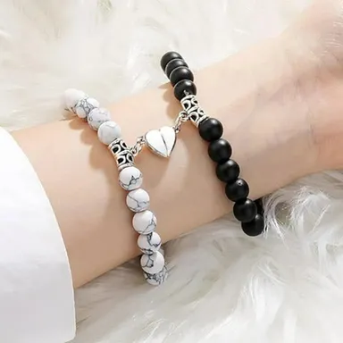 Couple Beaded Black & White Megnetic Bracelet Set