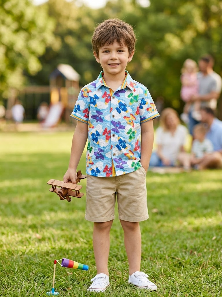 Boys' Airplane & Cloud Print Short-Sleeve Seersucker Shirt