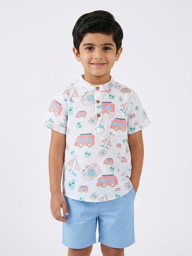 Boys' Cartoon Travel Print Seersucker Shirt