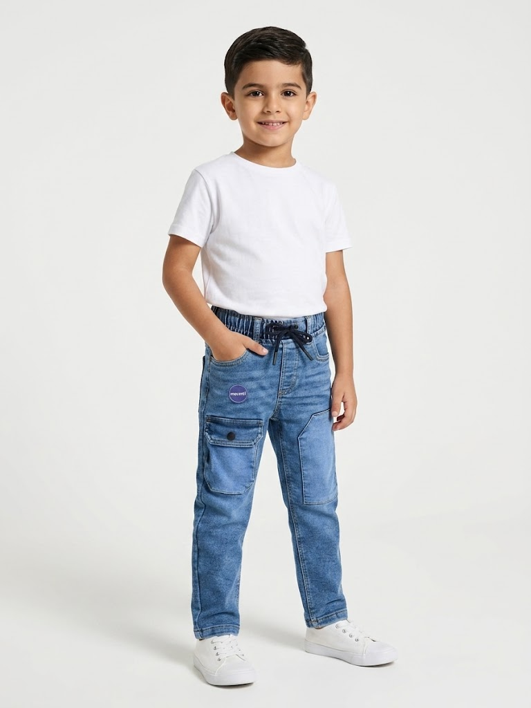 Boys' Washed Blue Cargo Denim Pants with Knee Patch