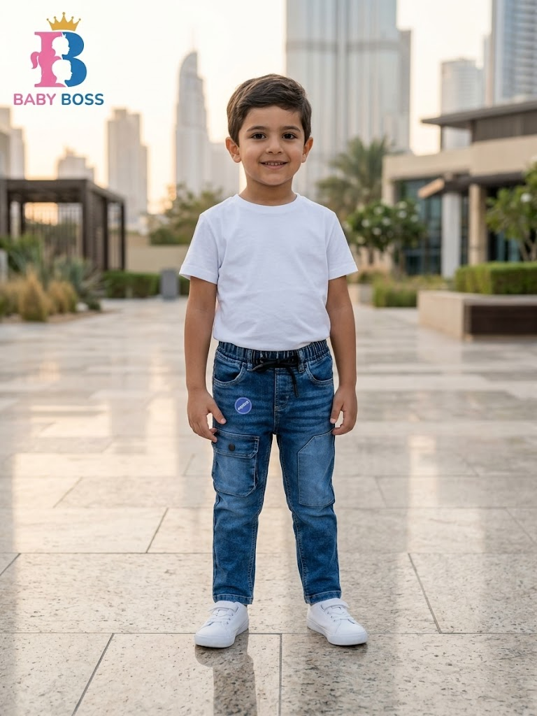 Boys' Washed Blue Cargo Denim Pants with Specific Patch Details
