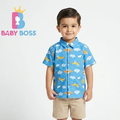 Boys' Airplane & Cloud Print Short-Sleeve Casual Shirt