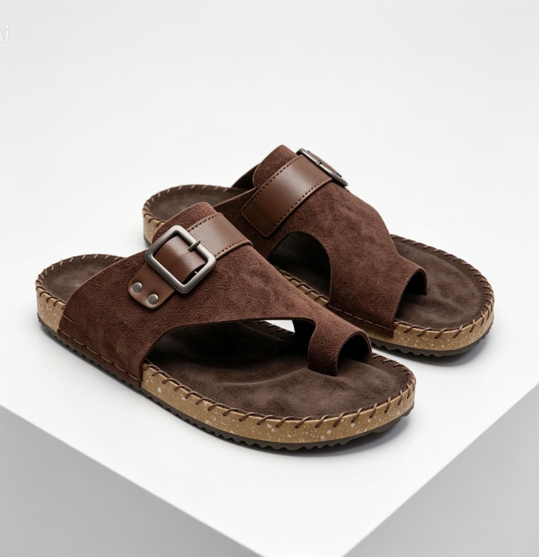 Men's Suede Toe-Loop Sandal Single Buckle Strap, Cork Footbed, 3 Colors