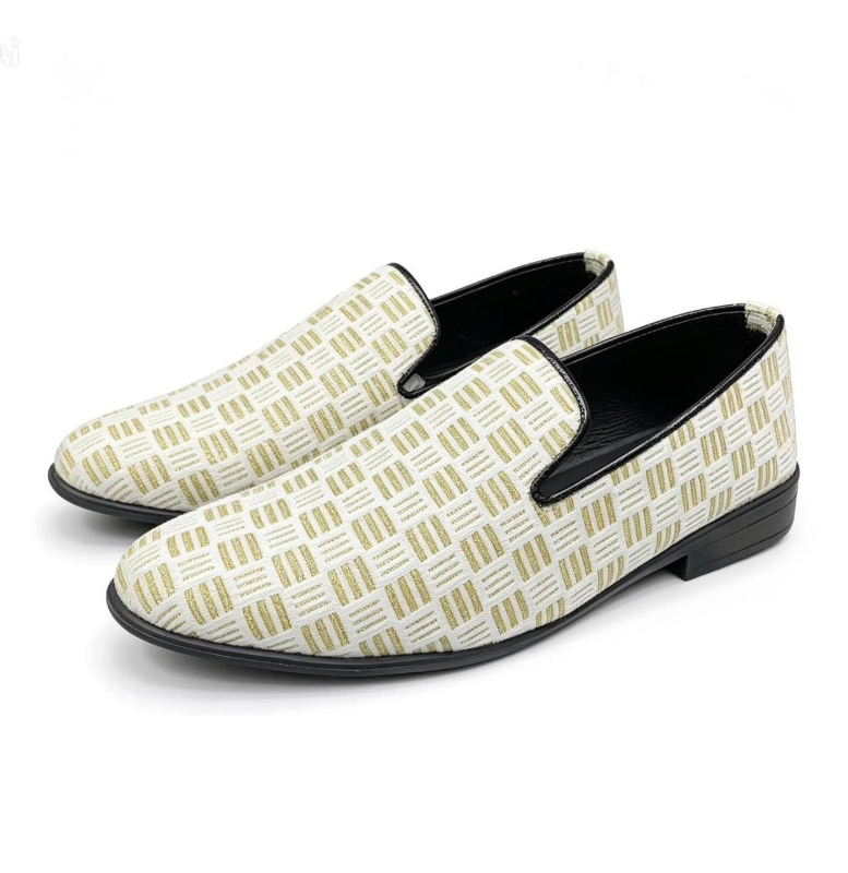 Men's Jacquard Slip-On Loafer – Woven Texture Pattern, Black & White/Gold