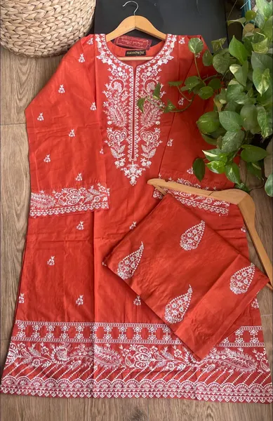 Pakistani Original Hayat's Cotton Embroidered Stitched 2Pcs _ Rust 