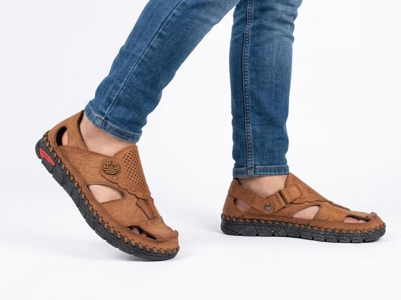 Premium Leather Men Brown Emblem Sandals Crinkled Leather Comfort