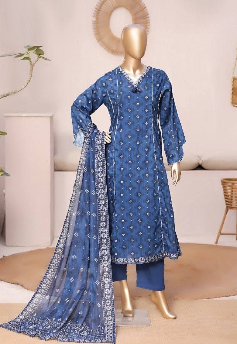 Pakistani Original Bin Saeed Printed Frock Stitched 3Pcs_Navy Blue