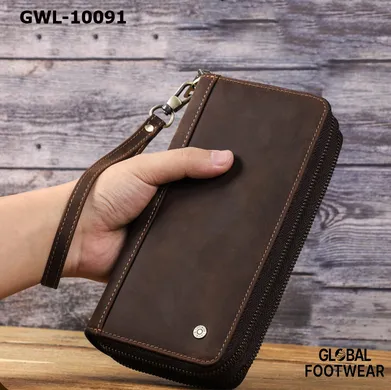 Genuine Leather Double Zipper Vintage Crazy Horse Men's Long Wallet