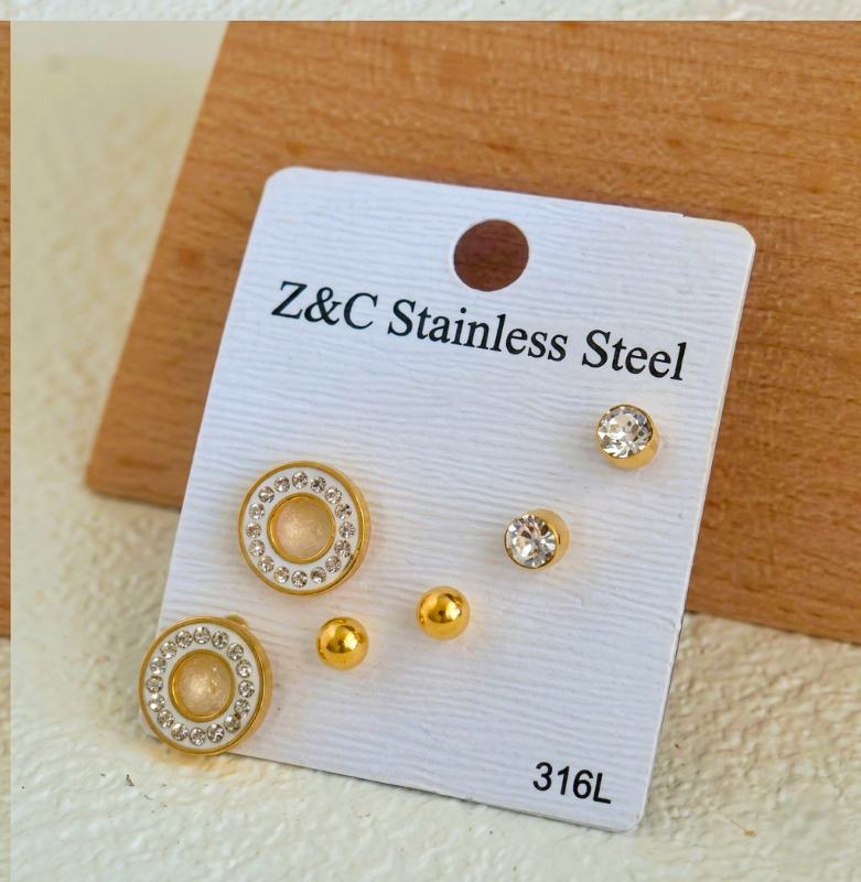 3 Pairs Stainless Steel Zircon Stud Earring Set