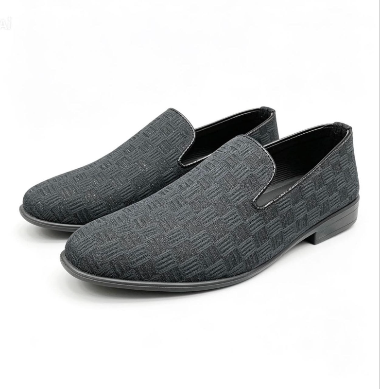 Men's Jacquard Slip-On Loafer – Woven Texture Pattern, Black & White/Gold