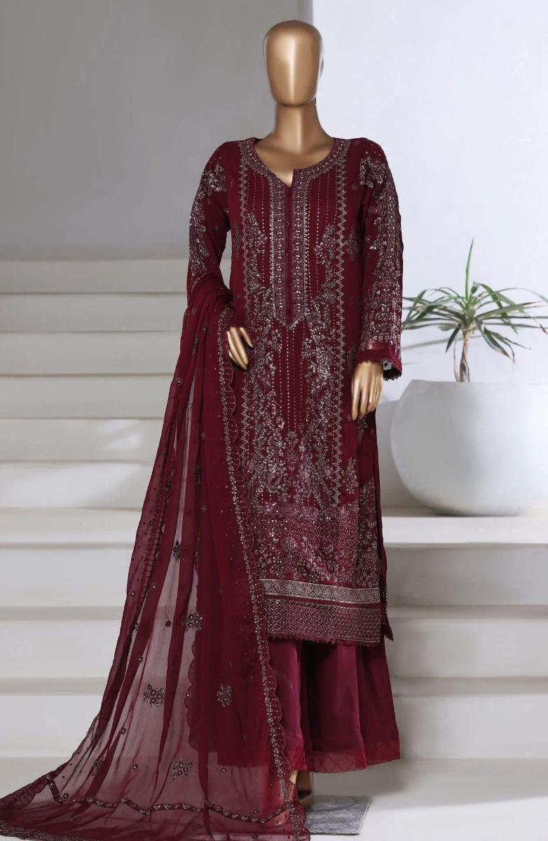 Pakistani Original Sadabahar Luxury Chiffon Stitched 3Pcs _ Dark Maroon 