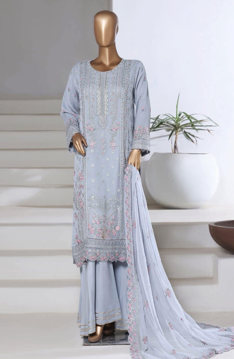 Pakistani Original Sadabahar Luxury Chiffon Stitched 3Pcs _ Light Blue 