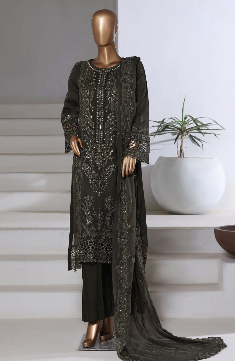 Pakistani Original Sadabahar Luxury Chiffon Stitched 3Pcs _ Dark Olive 