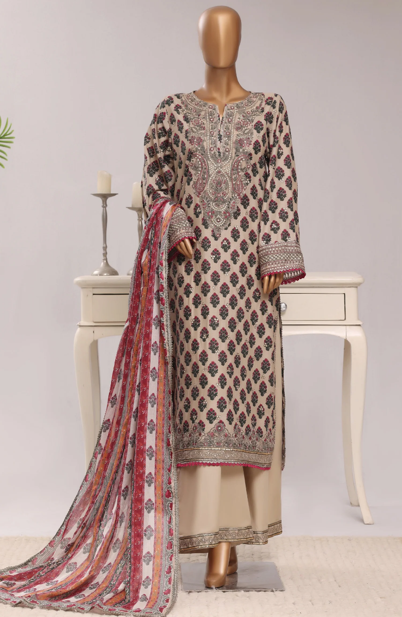 Pakistani Original Sadabahar Regal Festive Stitched 3Pcs _ Golden Beige 