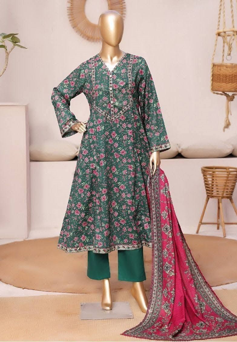 Pakistani Original Bin Saeed Printed Frock Stitched 3Pcs_ Green