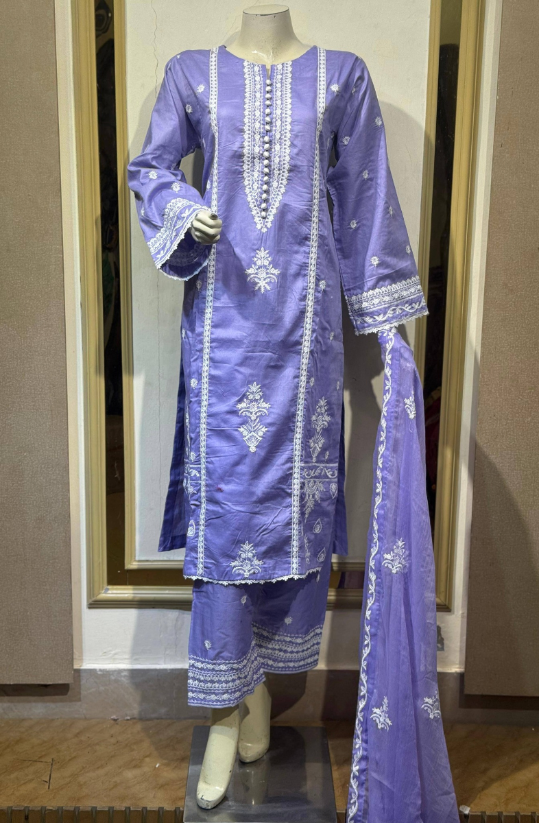 Pakistani Original Cotton Embroidered Stitched 3Pc With Chiffon Dupatta _ Lavender Blue 