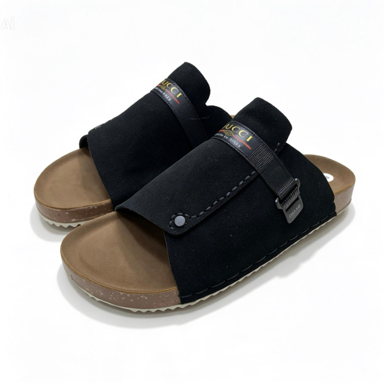 Men's Wide-Strap Suede Slides Velcro Closure, Webbing Tab, Cork Footbed