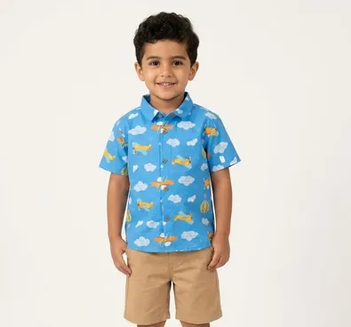 Boys' Airplane & Cloud Print Short-Sleeve Casual Shirt