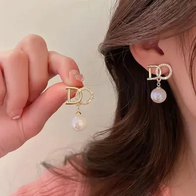 D Letter Pearl Stud Earrings