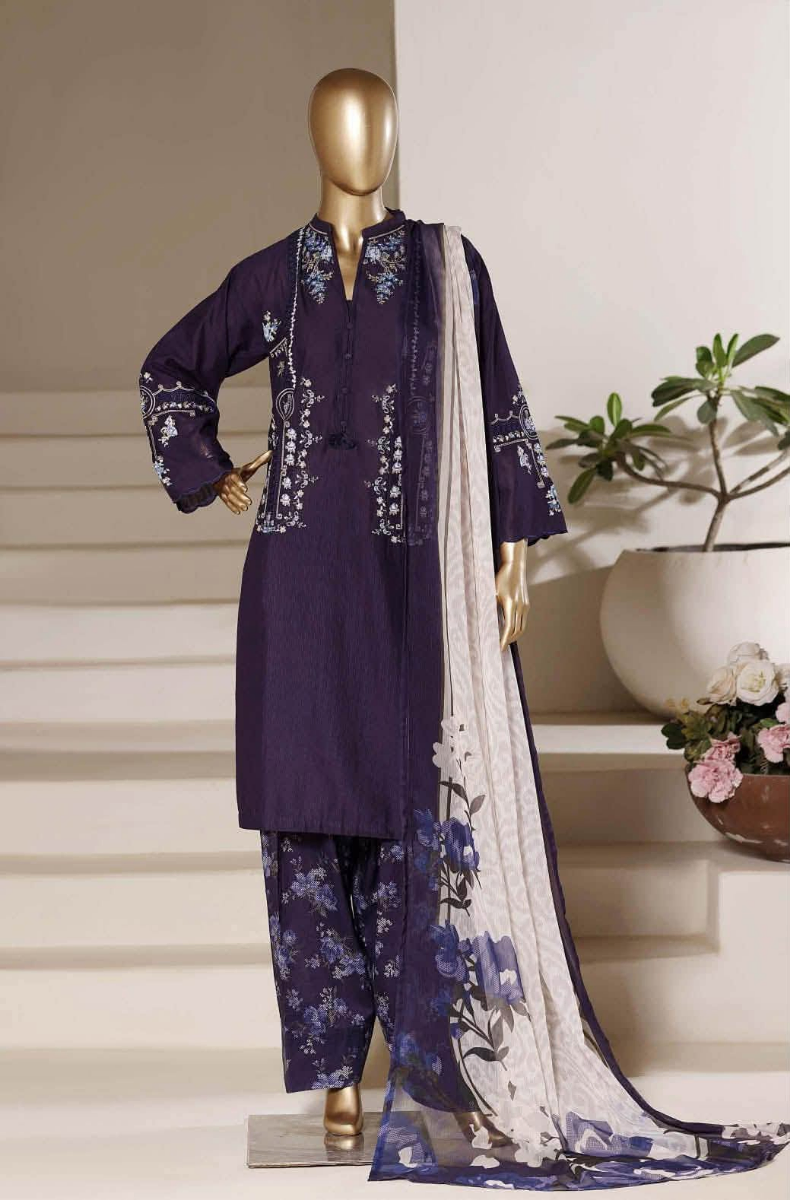 Pakistani Original Sadabahar Eclair Embroidered Lawn Stitched 3 Piece Suit  _ Navy Blue 