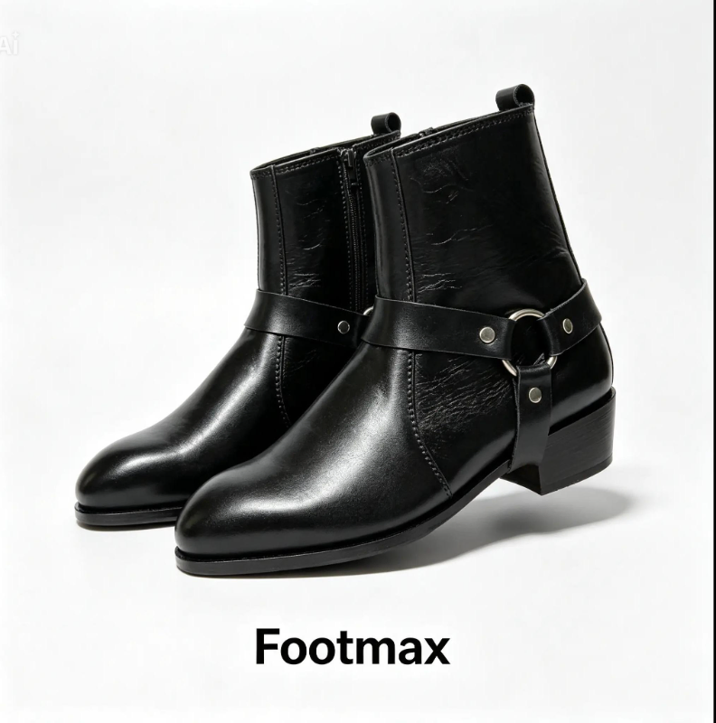 Men's Black Leather Harness Boots – Zip-Up Ankle Boots 