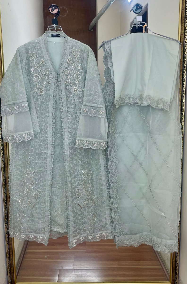 Pakistani Original Mona Embroidery Organza Stitched Gown 4Pcs_ Ash Gray