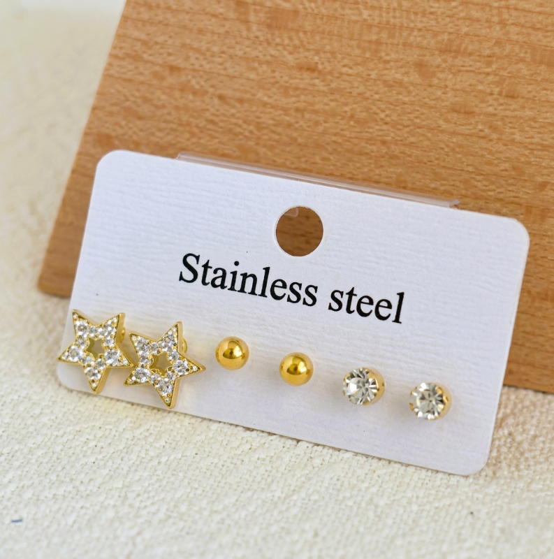 3 Pairs Stainless Steel Zircon Stud Earring Set