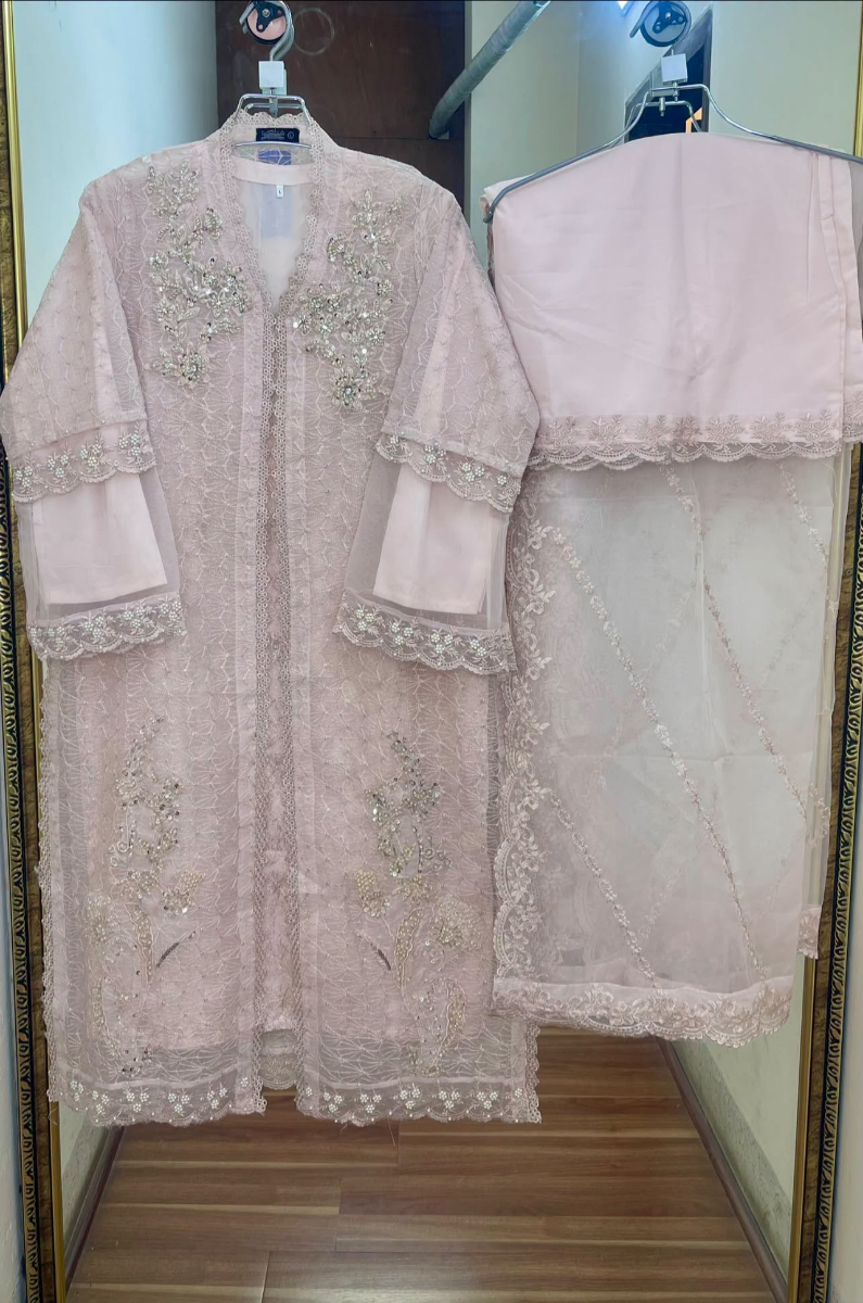 Pakistani Original Mona Embroidery Organza Stitched Gown 4Pcs_ Light Pink